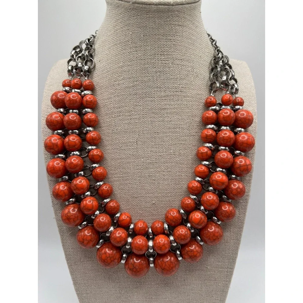 Orange Faux Stone Bib Necklace Statement Collar Boho Maximalist Acrylic Silver
